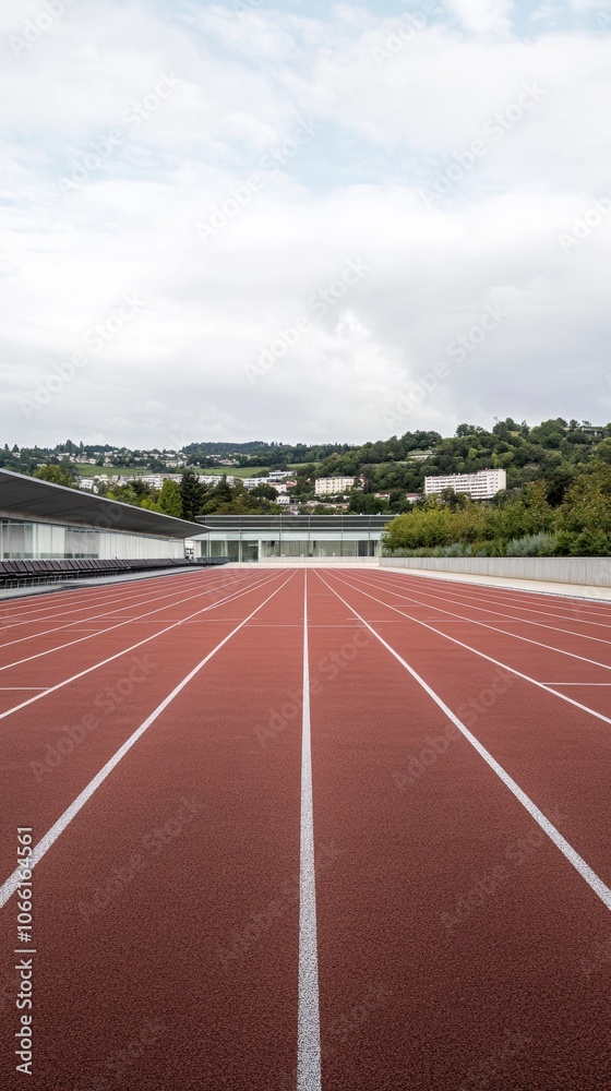 Poster red running track stretching into the distance under a cloudy sky, offering a serene and motivationa