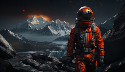 Astronaut with his exploration suit on an unknown planet.