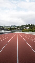 Red running track stretching into the distance under a cloudy sky, offering a serene and motivational backdrop for sports and fitness concepts