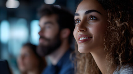 Obraz premium A woman with curly hair is smiling at the camera