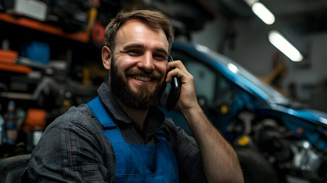 A man with a beard is talking on a cell phone