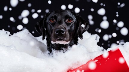 A cute dog in bath with soap foam on glossy white black refreshing fashion background. adorable pet portrait shampoo pet grooming salon spa wallpaper