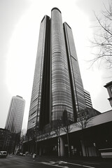 Architecture shot of a street, low angle, skyscrapers, modern glass and steel architecture, cloudy misty diffuse light, black & white photography.