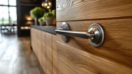 Close-up of a minimalist wooden door with brushed metal handle and sleek lines
