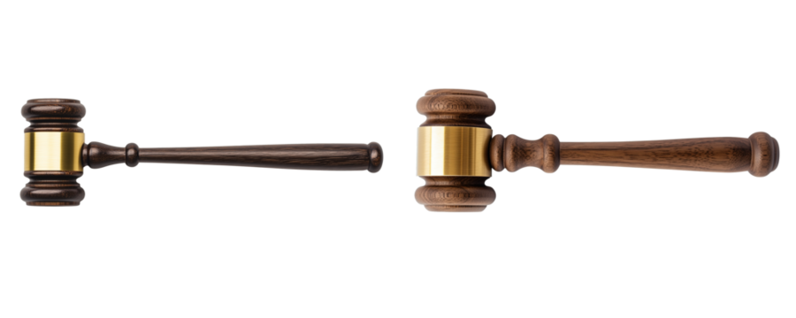Wooden gavel with brass bands on PNG transparent background