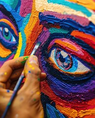 Fototapeta premium Close-up of colorful abstract eye painting with brush detail with hand