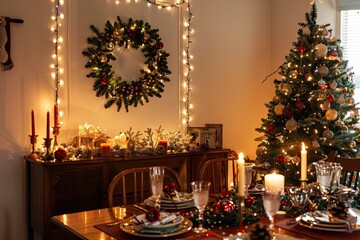 Create a festive dining room set for a memorable christmas feast with elegant decor and lighting