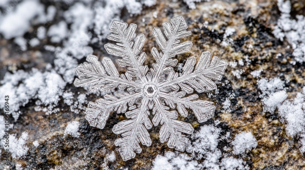 Poster Detailed Macro View of a Snowflake on a Rough, Snowy Surface