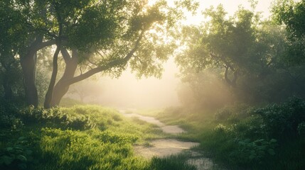 Fototapeta premium A Sunlit Path Through a Misty Forest