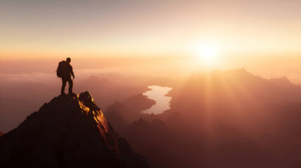 Fototapeta premium Silhouette of Hiker on Mountain Peak at Sunset, sunrise, mountains, nature, outdoor, landscape