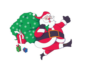 Cartoon illustration of Santa Claus carrying a leaking gift package with gifts spilling out.