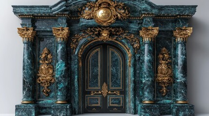 Fototapeta premium Detailed luxury door with polished marble framing and gold accents, on a white background.