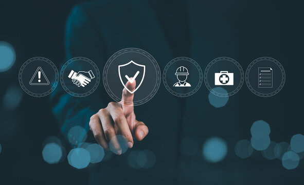 Work Safety and Compliance Concept, Safety First, A person with work safety and compliance icons, including a shield, hard hat, checklist, workplace safety, health protocols, and regulatory compliance