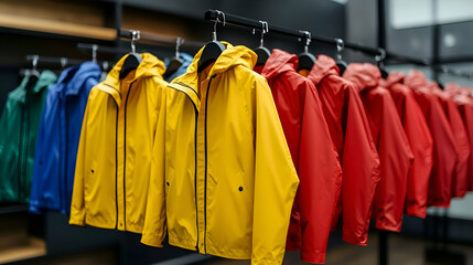 Colorful Raincoats Hanging in a Store, rain jacket, yellow raincoat, red raincoat, blue raincoat, green raincoat