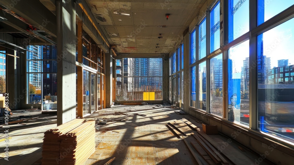 Poster An unfinished room in a high-rise building with large windows overlooking the city.