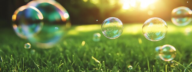 Bubbles over grass in natural setting