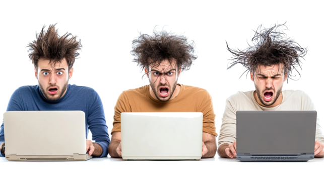 Men Expressing Frustration While Working on Laptops With Messy Hair Generative AI