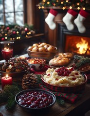 holiday dishes for vegetarian, book cover for cooking recipe,  wooden table with glowing candlelight near fireplace, warm and cozy ambiance