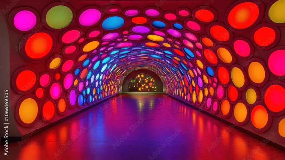 Poster Colorful Circular Lights Illuminate an Empty Tunnel