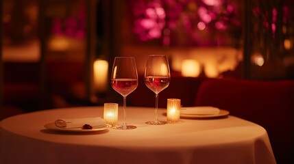 Obraz premium A romantic dinner setting with two glasses of wine, candles, and a white tablecloth on a round table in a dimly lit restaurant.