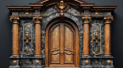 Highly detailed luxury entrance door with gold inlays and sculpted wood, isolated on a transparent background.