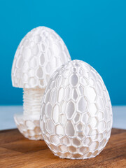 Close up of white complex maze for storing gift on blue background