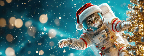 Naklejka premium festive cat in space suit celebrates Christmas among twinkling lights.