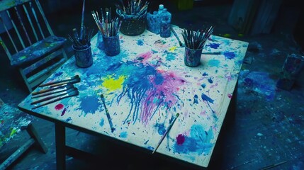 Colorful Art Table with Paint and Brushes