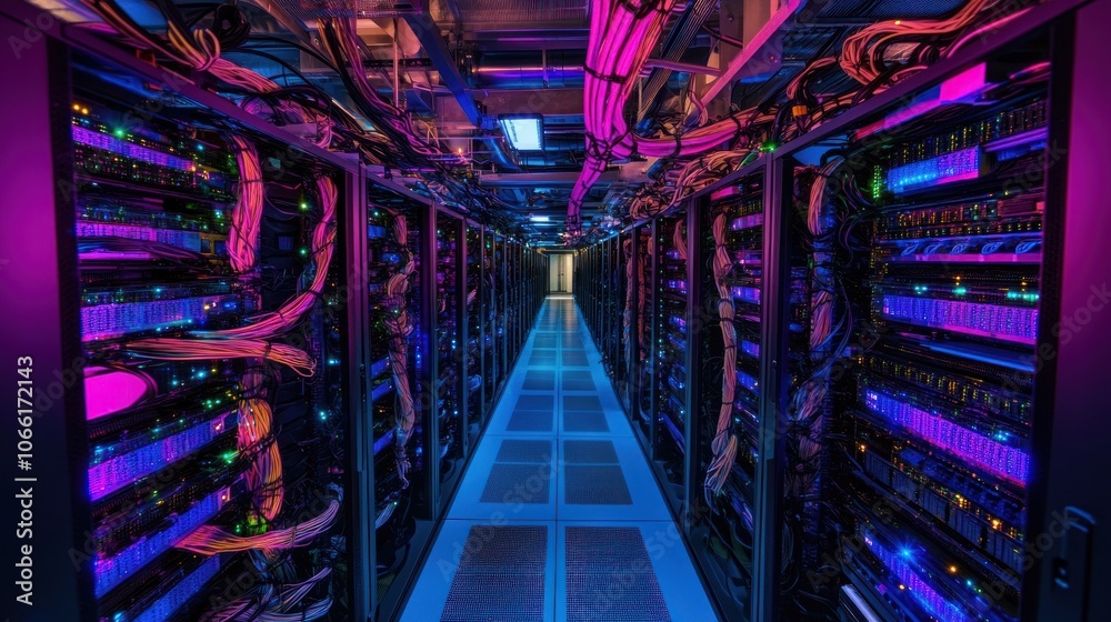 Poster Server Racks with Colorful Wiring in a Data Center
