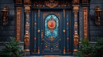 Obraz premium Luxury classic door with stained glass panels and copper accents in 4K detail.