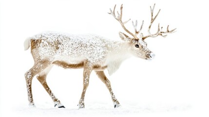 Obraz premium Majestic Snow-covered Reindeer in Whimsical Christmas Decor, Soft Winter Hues, Isolated on White Background