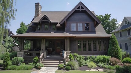 Naklejka premium Exterior of modern house with black glass windows and garden
