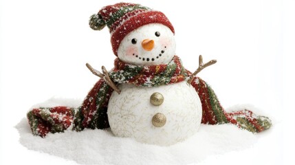 Lonely Small Snowman in Vast Snowy Field with Christmas Scarf Isolated on White Background