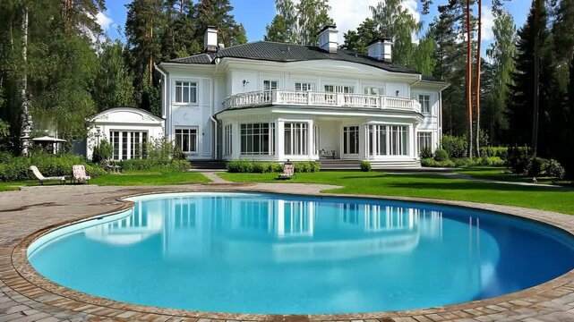 A large, kidney-shaped swimming pool sits in front of a white mansion on a sunny day