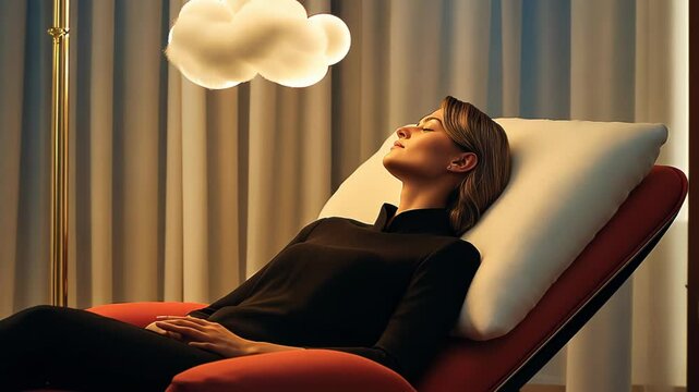 Elegant bedroom interior with rich burgundy walls, illuminated by warm golden table lamps. Contemporary chaise lounge features modern design. Floating cloud element adds whimsical surreal touch. 