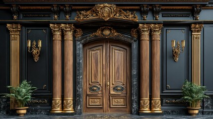 Obraz premium Luxury double doors with carved wood panels and gold accents, isolated on a transparent background.