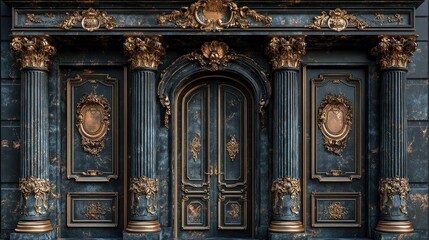 Obraz premium Luxury double doors with carved wood panels and gold accents, isolated on a transparent background.