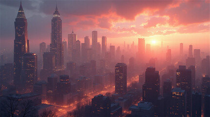 Fototapeta premium A morning view of the city with the sun rising beautifully.