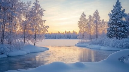 Frozen Lake and Snowy Trees at Sunset