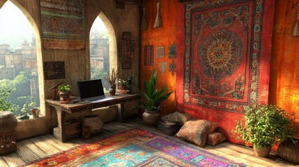 Exotic Bohemian Home Office with Laptop Rugs Plants