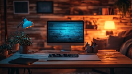 Cozy Home Office Desk Setup Computer Screen Plants Night