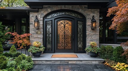 Fototapeta premium Luxury front door with frosted glass panels and ornate iron designs.