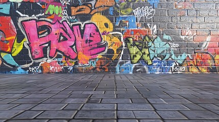 Obraz premium Colorful Graffiti Wall with Cobblestone Floor.