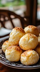 Closeup of brazilian cheese bread pao de queijo on a plate on table, table, Closeup, bread