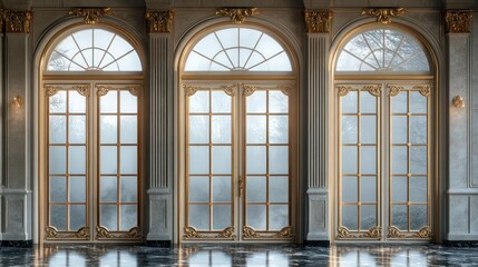 Obraz premium Luxury glass door with frosted glass panels and gold accents, isolated on a transparent background.
