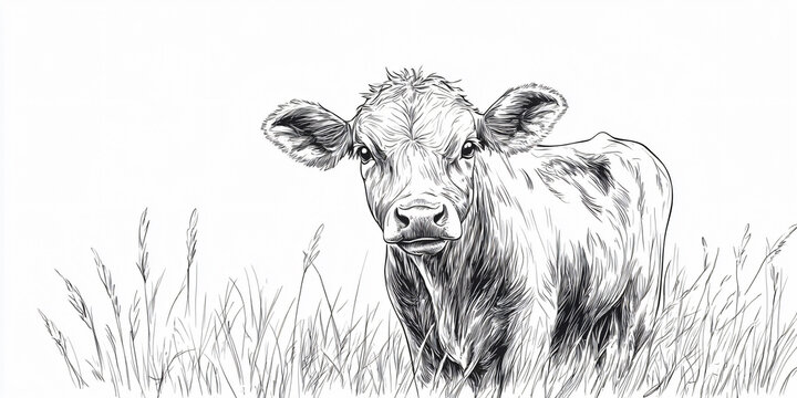 A black and white drawing of a cow looking at the viewer in a field of grass.