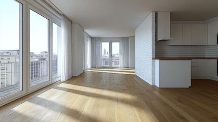 Obraz premium Empty, modern living room with hardwood floors and city view.