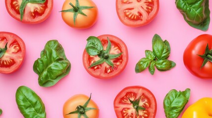 A flat lay of ripe red tomatoes and fresh basil leaves on a pink background.