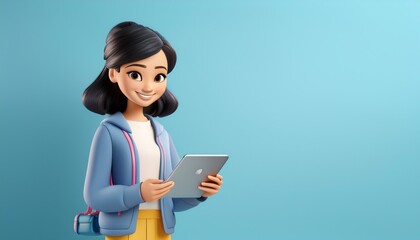 Naklejka premium 3D cute character, woman shopping online with tablet or smartphone, empty space for design text