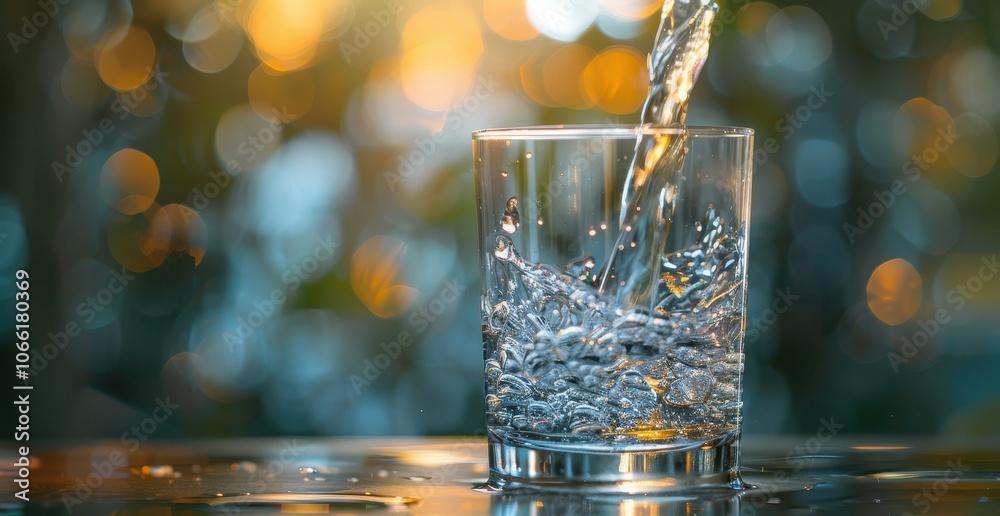 Poster water being poured into a glass with a bokeh background
